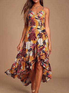 Lulus Vacation Days Golden yellow tropical print high low dress